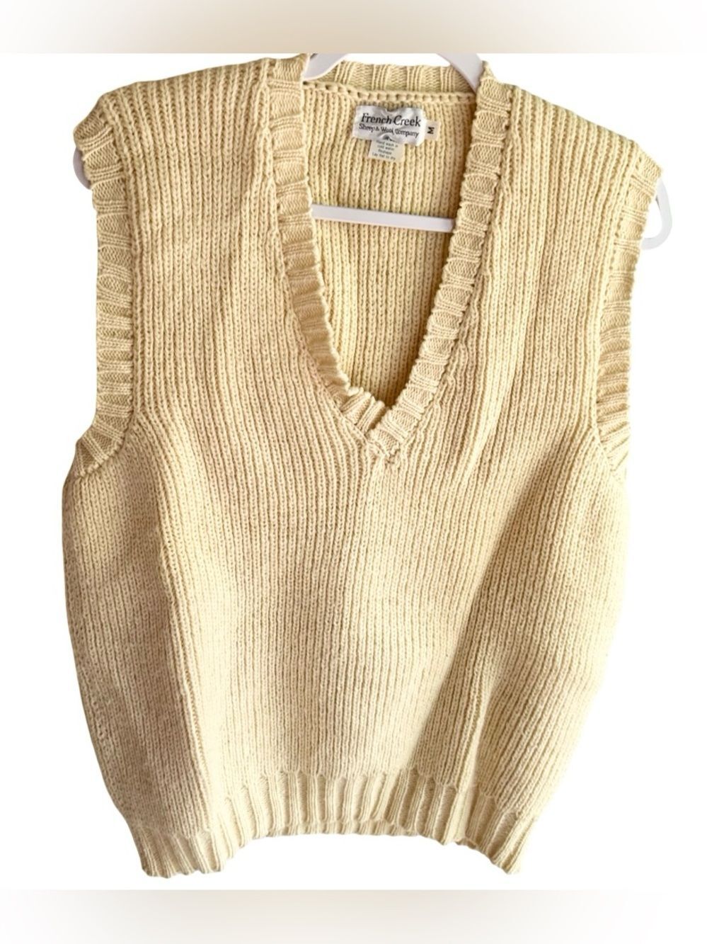 French Creek Virgin Wool Butter Yellow V-Neck Knit Preppy Sweater Vest Sz Medium